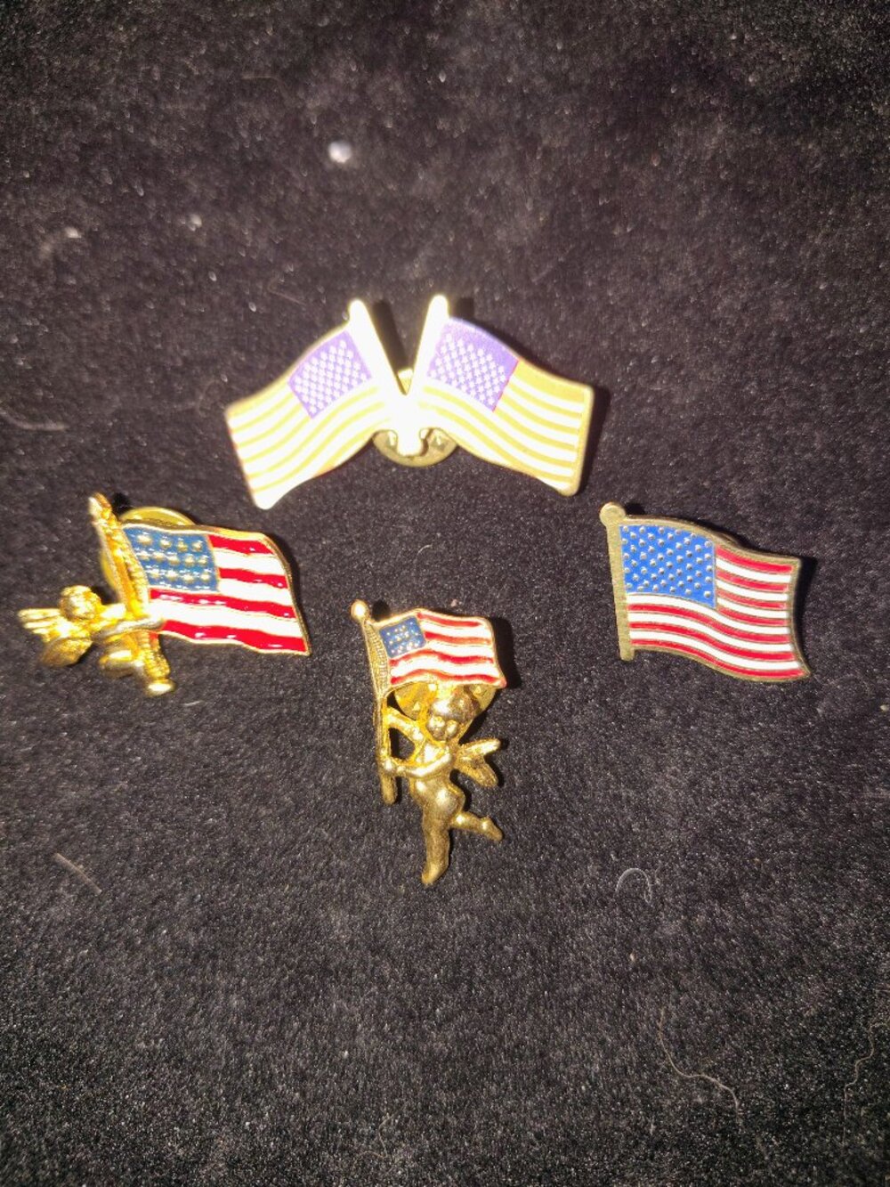 Vintage Patriotic Enamel Lapel Pins – American Flags & Cherub Angels